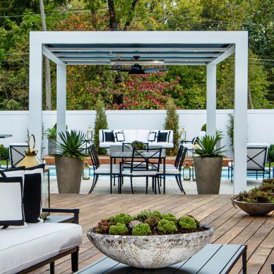 Poolside pergola & deck. Outdoor furniture by Restoration Hardware.