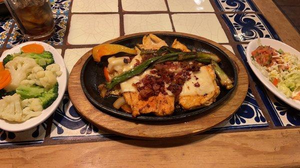 Emiliano's Fajitas, steamed vegetables