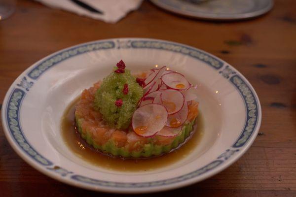 Salmon & Avocado Tartare with Shiso Granita & Raspberry Crisps