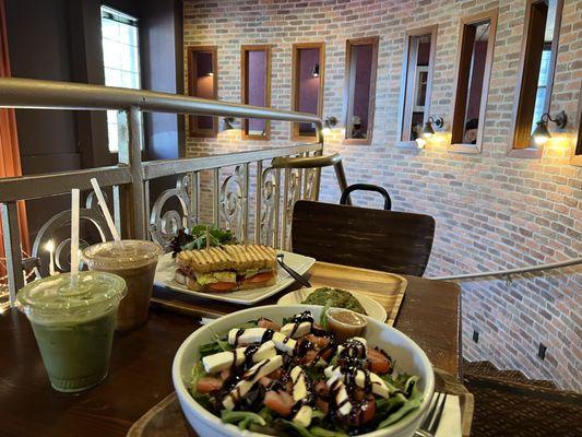 My Caprese salad and matcha green tea latte upstairs seating