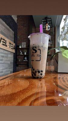 Classic Bubble Tea with Tapioca on a nice wood seating bar