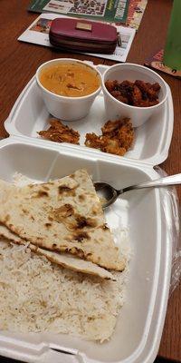 Butter chicken, chili chicken (love this one), naan, white rice