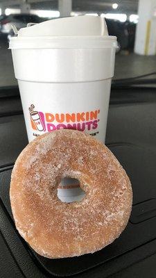 Sugar raised donut at Dunkin Donuts and regular coffee. Of course, large.