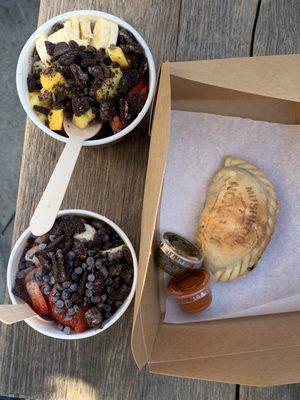 2 acai bowls and mushroom empanada