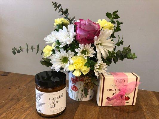 Simply beautiful mug arrangement with Euphoria Chocolates and a Broken Top Candle.