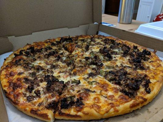 Philly cheese steak pizza. Delicious and one of my favs!