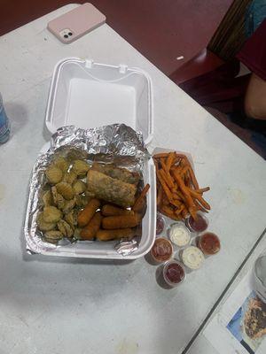 Cheesesteak egg roll, sweet potato fries, Mozzarella Sticks, Fried Pickles