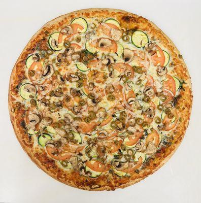 Regular Crust - Silvestre
Tomatoes , white onions ,zucchini , Mushrooms , Green Olives , Spinich