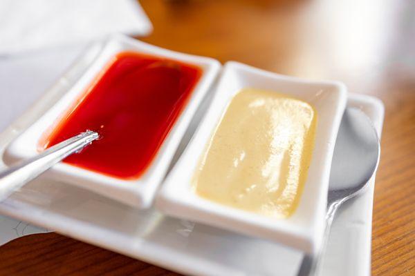 Sauces! Sweet & Sour on the left and Chinese Hot Mustard on right