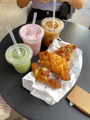 Iced Matcha  Iced Strawberry Rose  Iced Latte  Croissant, Almond Croissant, Butter