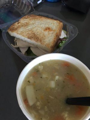 MJ's MJ's Club Sandwich - Half with cup of chicken noodle soup