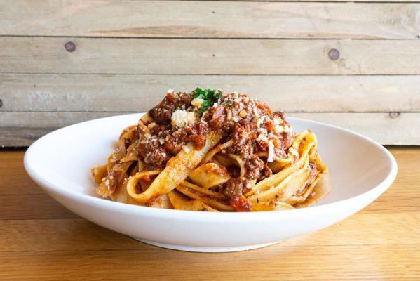 Bolognese sauce over tagliatelle noodles from Pinwheel Pasta