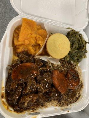 Oxtails, peas and rice, yams, greens, and cornbread...everything was GOOD