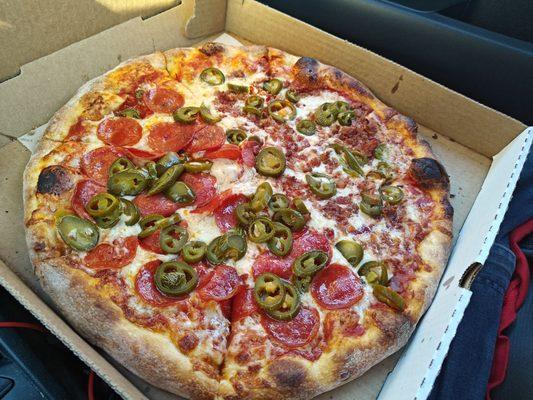 14" Jalapeno all over, pepperoni on half, bacon on the other half.  Divine!