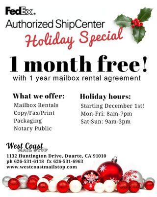 December Special!
 1 MONTH FREE
 with 1 year mailbox rental