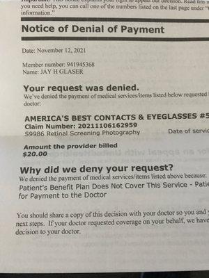 U see $20 retinal exam was collected in cash told me it wasn't covered above is bill they tried to scam