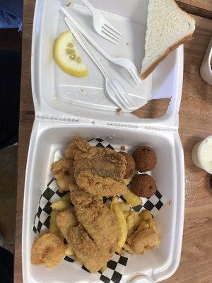 3 Piece Fish & 5 Piece Medium Shrimps Combo Dinner. Small pieces of EVERYTHING here, even the lemon and fries were small.