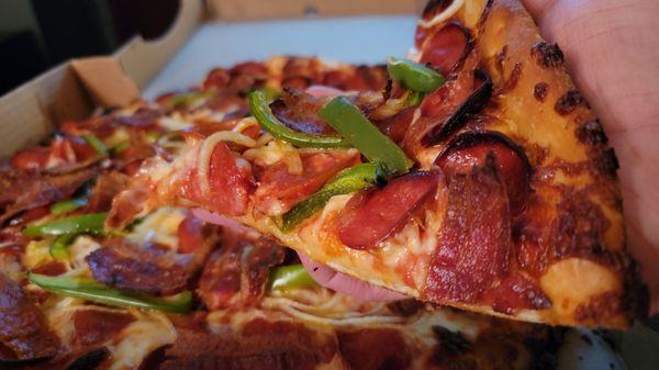 Small (13", 6 slice) Cheese, Pepperoni, Bacon, Green Pepper, Onion Pizza: I appreciate the large pieces of real, crispy bacon