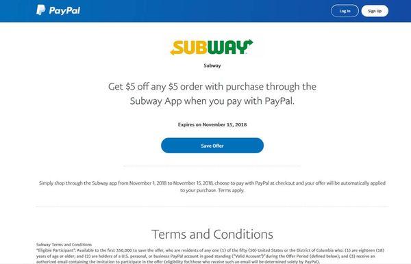 Subway Paypal offer