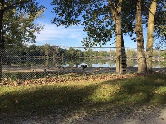 Beach area and lake.