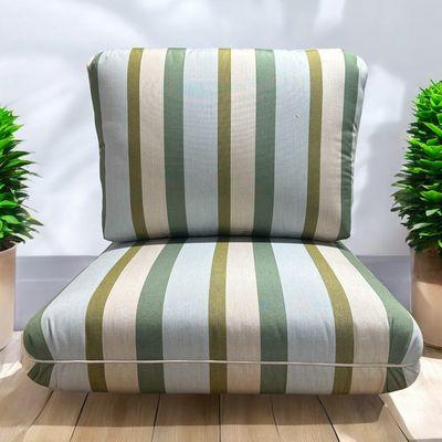 Custom single seam chair cushions with pleated corners in sunbrella gateway aloe