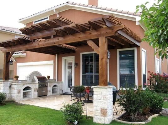 Pergola, Outdoor Kitchens, & travertine stone patio, McKinney, TX