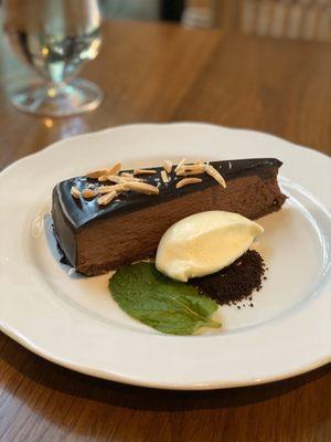 Fantastic espresso dark chocolate torta. Served with pistachio gelato