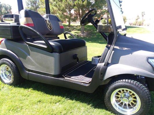 Celebrating the Vegas Golden Knights with our exclusive themed golf car. The seat resembles the VGK jersey. The paint is flat gray and gold