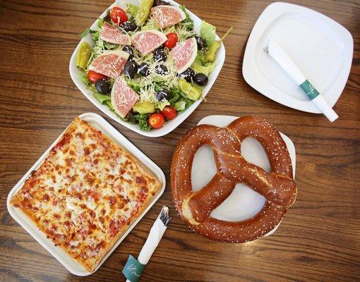 Pretzel, Italian Salad and Cheese Pizza