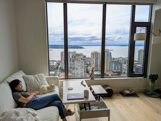 Inside one of the upper-level condo units. View of Elliott Bay.