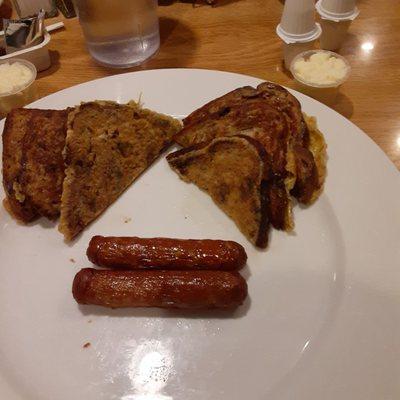 Having my Thanksgiving Breakfast. Raisin Bread French Toast with Turkey Sausages.