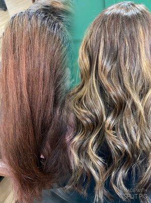 Removing old red hair color to a more natural balayaged look.