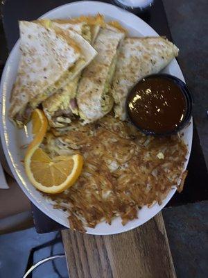 Breakfast Quesadilla w/ Canadian Bacon (sorry the photo is blurry, I was in a hurry to eat!)