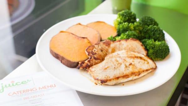 Chicken Veggies - grilled chicken with your choice of two sides (pictured with baked sweet potato and steamed broccoli)