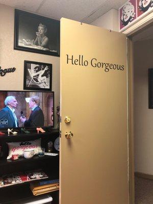 Sign on the door and Marilyn decor!