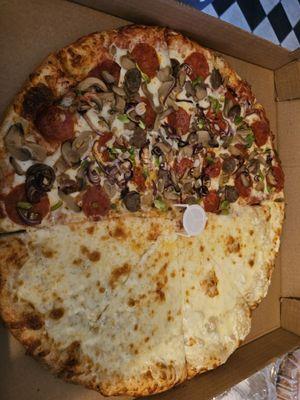 Large Supreme and White pizza