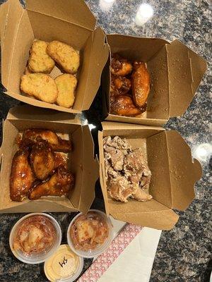 Wings, karaage and tofu nuggets with dipping sauce and Kim Chee as well!