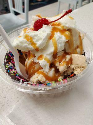 TLo's 1st try: Peanut Butter Cup , Salt Caramel w/Salted Caramel topping in sprinkled waffle cone bowl ~ Yummo!