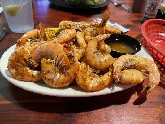 Full pound of peel and eat shrimp from the steamer with potatoes and corn.