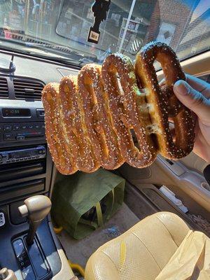 A row of 5 soft baked pretzels with salt from Center City Pretzel Co. Just .85 cents per pretzel! Can't beat that!