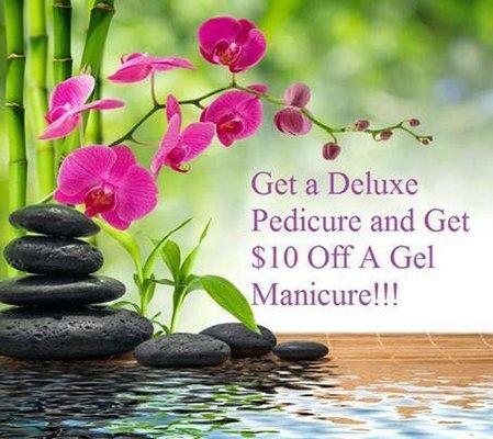 Get a spa pedicure and then Get $10 off a gel manicure on Monday- Thursday in April 2018