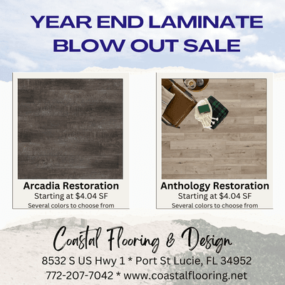 Year-End Blowout Sale on Laminate Flooring.  Several colors to choose from.  Please stop by and visit with one of our design team members.