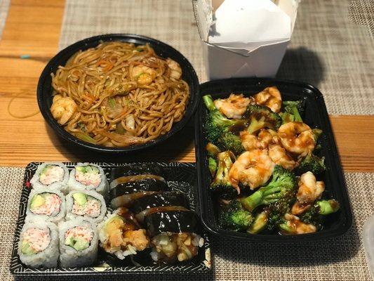 Shrimp tempura roll, California roll, shrimp lo neon, shrimp with broccoli