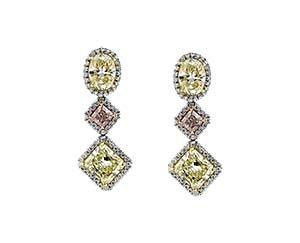 3 Tier MicroPave Halo Earrings. Yellow Oval Diamond,Pink  Radiant Diamond, & Yellow Radiant Diamond Handmade and set in Platinum