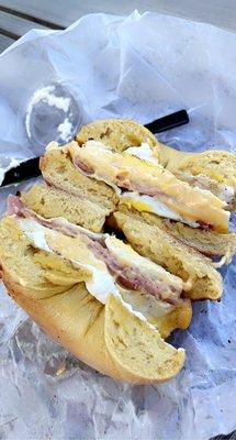 Egg bagel with taylor ham, egg, American cheese and plain cream cheese