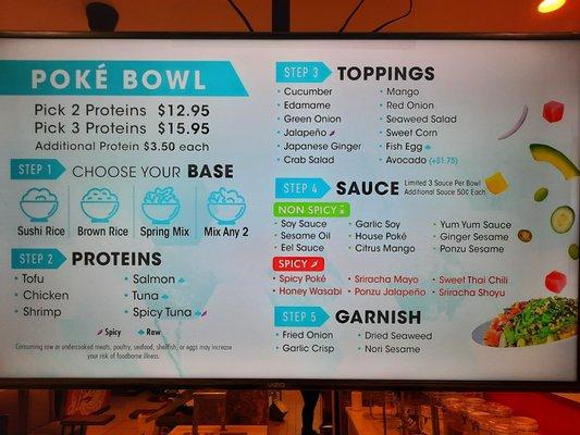 Menu for poké bowls