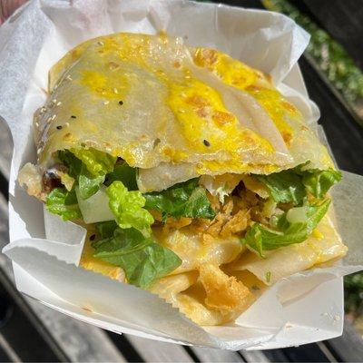 Roast Duck Crepe, with crunchy noods, Lettuce, and special sauce