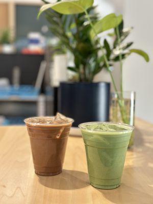 Iced oatmilk mocha and an iced oatmilk matcha