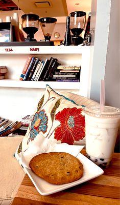 Barbs famous chocolate chip cookie and a milk tea