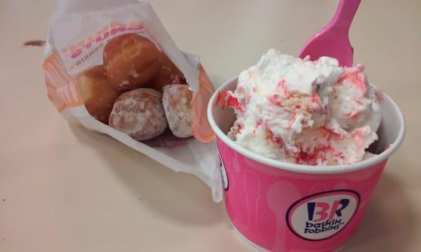 raspberry filled & glazed donut holes with medium strawberry cheesecake & chocolate and white chocolate icecream scoops